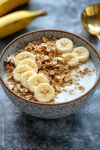 Bowl of Granola with Milk and Banana Slices.