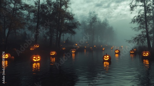 Haunted American lake during Halloween glowing jack-o-lanterns floating on the water photo