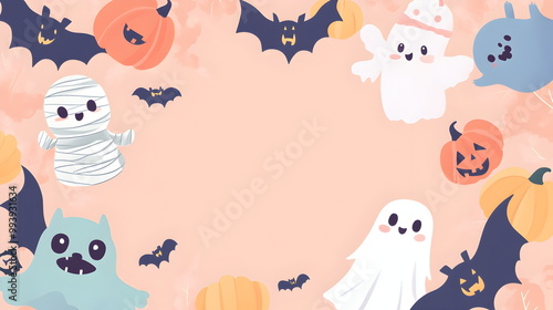 Happy Halloween card in pastel tones, featuring cute cartoon characters: friendly mummies, colorful bats, and chubby ghosts. The characters are placed in the corners to leave an open area for text