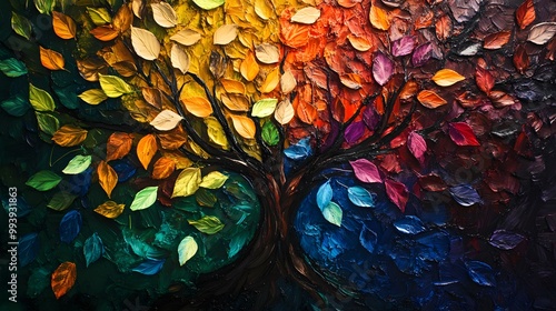 Different colored leaves falling together from the same tree, symbolizing the beauty of unity in diversity photo