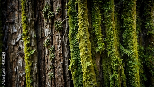 Textured tree bark with moss  creating intricate patterns.