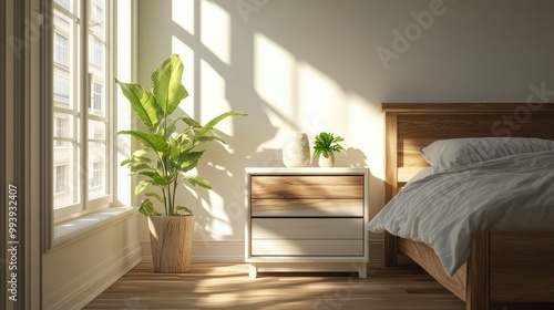 Wooden drawer chest against window White nightstand near wooden bed Minimalist boho interior design of modern bedroom
