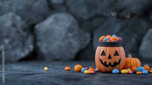 Halloween themed pumpkin basket filled with colorful candies, spooky atmosphere. photo