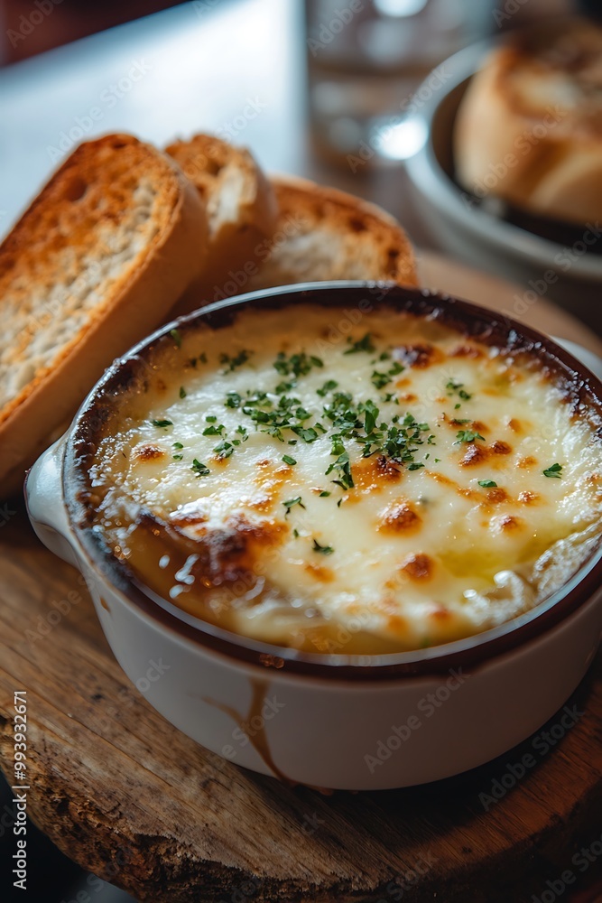 Closeup of French Onion Soup with Toasted Bread. Closeup of French Onion Soup with Toasted Bread.