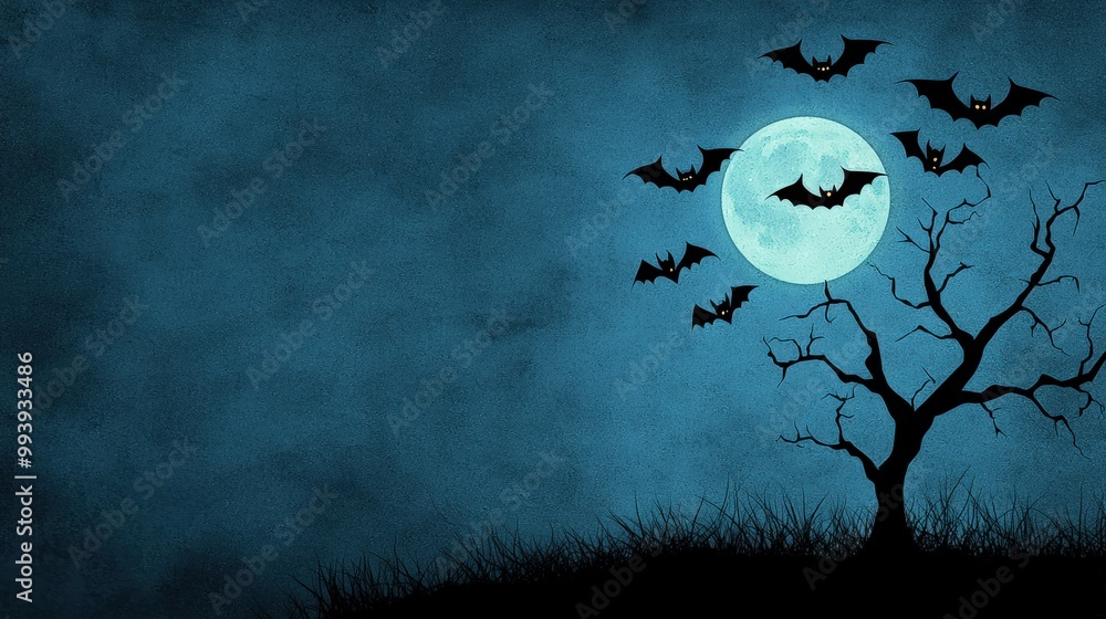 Haunting night scene with bats flying under a large moon; eerie blue background. Haunting night scene with bats flying under a large moon; eerie blue background.