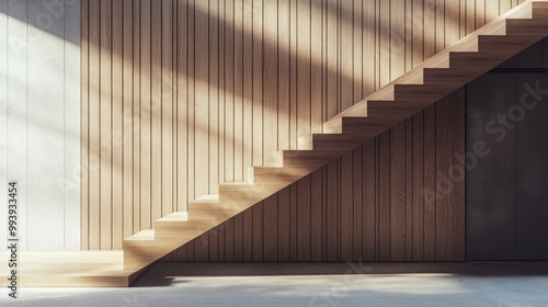 Wooden staircase and lining paneling wall in minimalist style hallway Interior design of modern rustic entrance hall with door in farmhouse