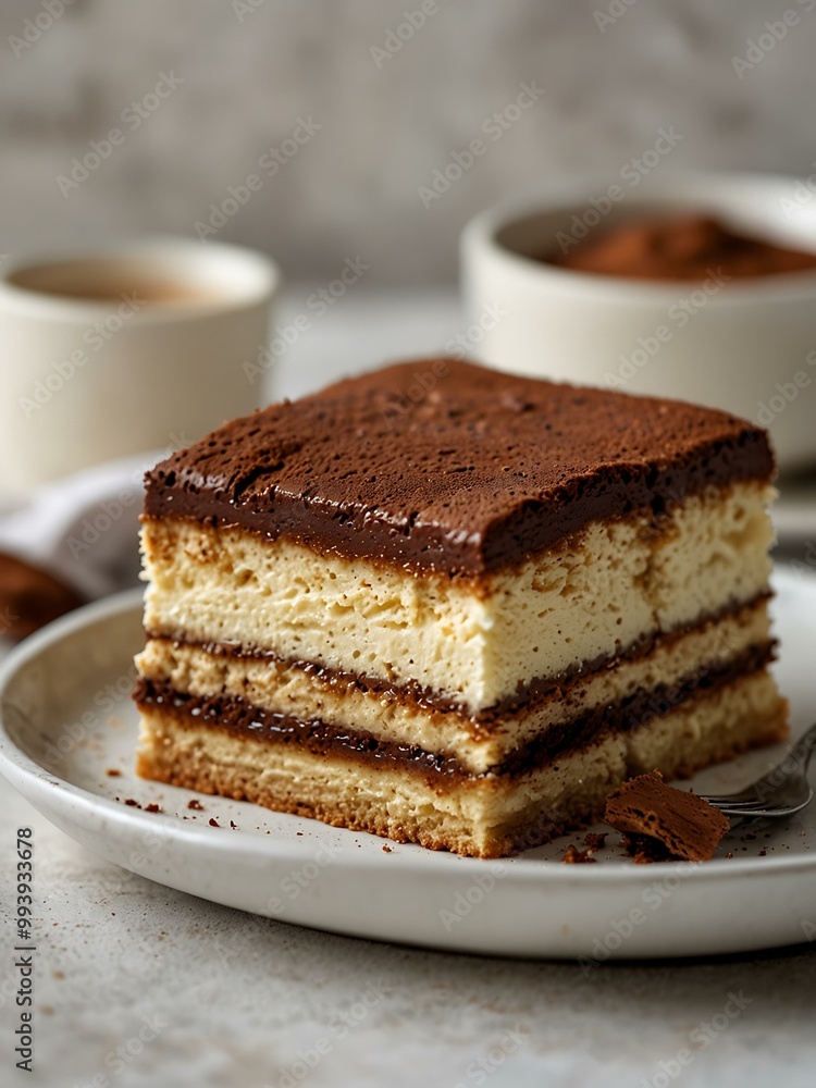 Tiramisu square cake on a clean white surface. Tiramisu square cake on a clean white surface.