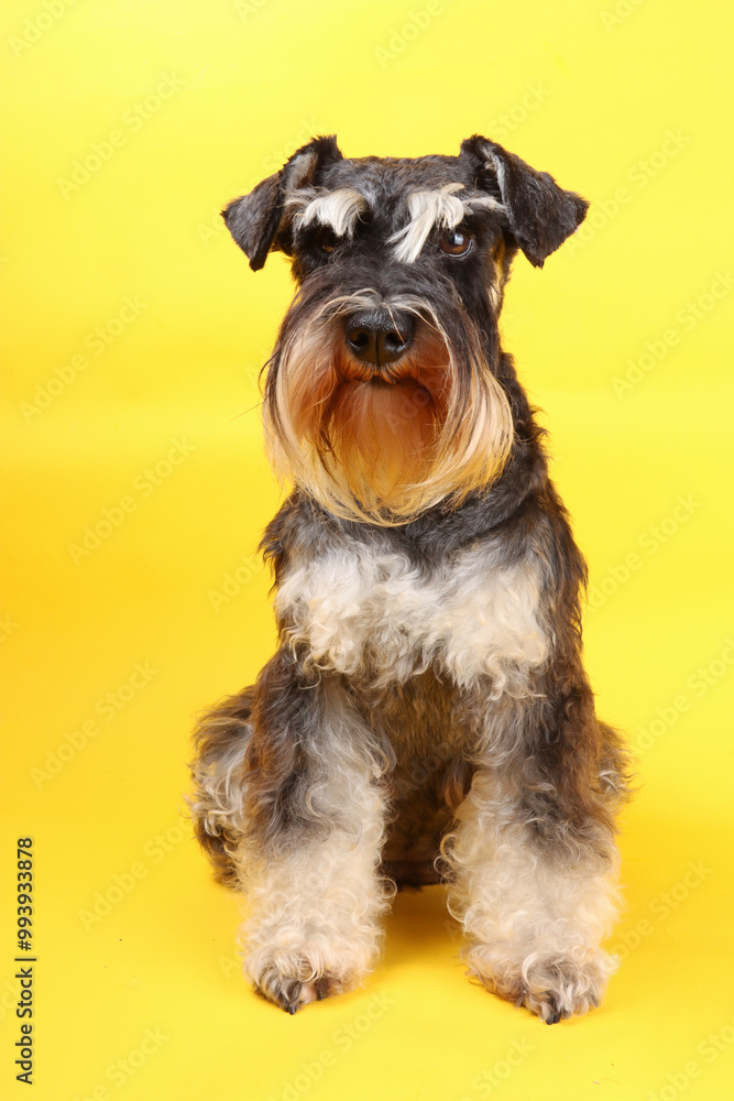 miniature schnauzer dog black and silver isolated on yellow background miniature schnauzer dog black and silver isolated on yellow background