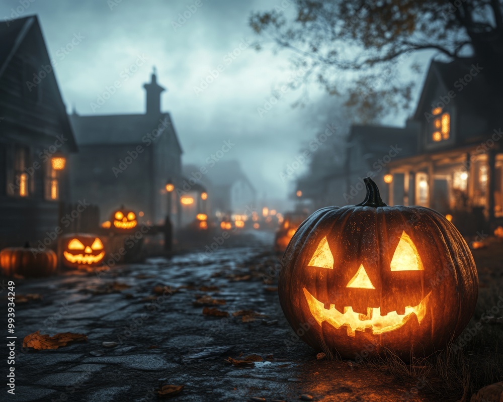 Haunted Halloween ghost walk through an old American village glowing jack-o-lanterns lighting the streets Haunted Halloween ghost walk through an old American village glowing jack-o-lanterns lighting the streets