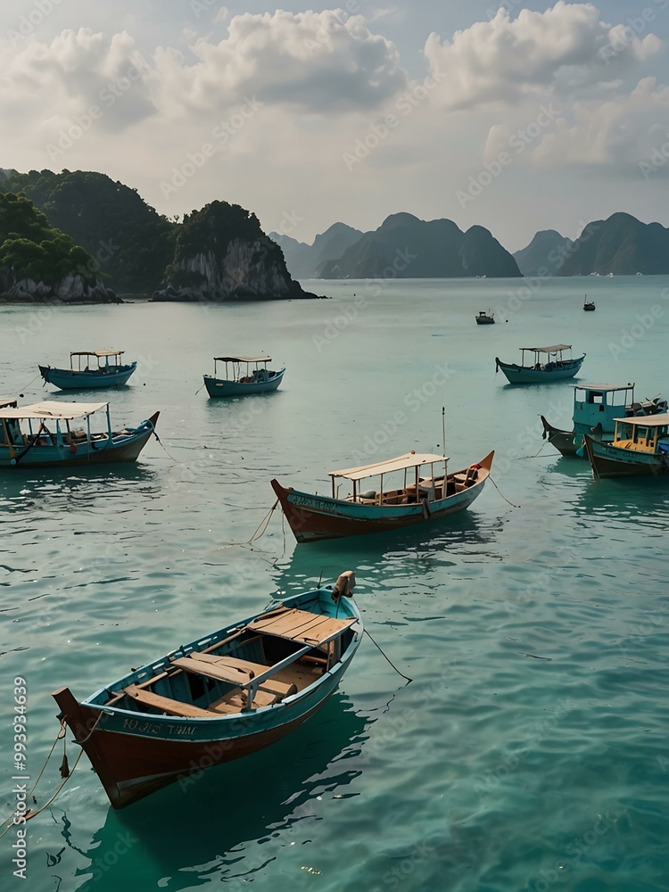 Traditional fishing boats in turquoise Asian waters. Traditional fishing boats in turquoise Asian waters.