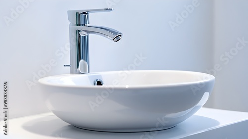 Modern Chrome Bathroom Faucet Over White Ceramic Sink Basin