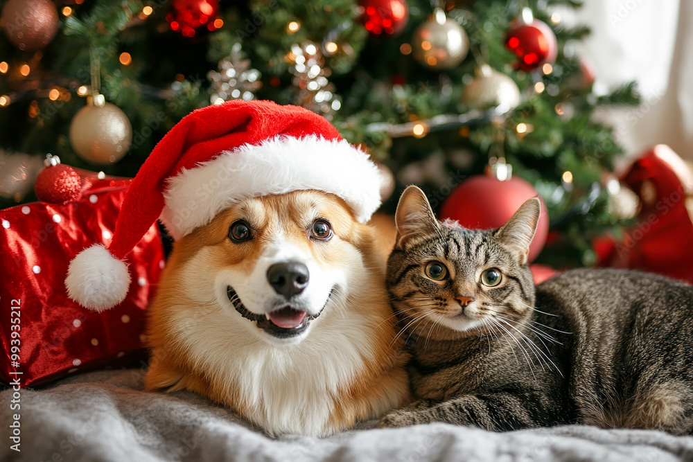 a dog and a cat in front of a Christmas and New Year tree a dog and a cat in front of a Christmas and New Year tree
