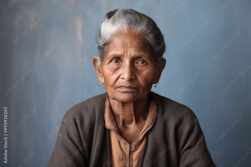 Portrait of a content indian elderly woman in her 90s dressed in a water-resistant gilet in front of minimalist or empty room background Portrait of a content indian elderly woman in her 90s dressed in a water-resistant gilet in front of minimalist or empty room background