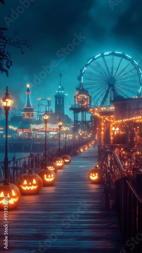 Haunted Halloween-themed American boardwalk eerie carnival rides glowing in the fog