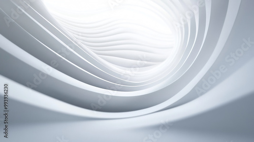 Curving, layered white surfaces create a dynamic, abstract tunnel leading to a bright light source
