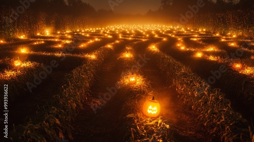 Haunted Halloween-themed American corn maze eerie lights flickering from scarecrows photo