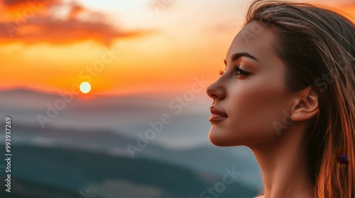 A serene moment at sunset with a woman gazing into the horizon from a mountain viewpoint