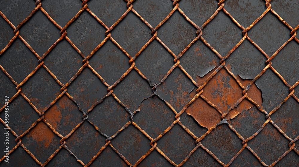Fototapeta premium Rusty chain link fence texture with a dark background and visible wear.