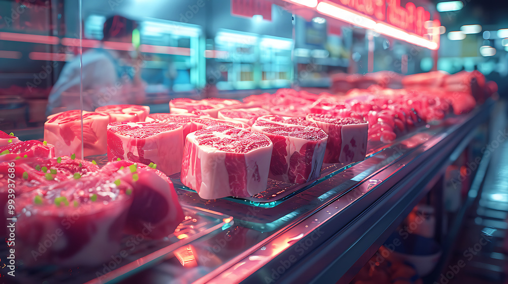 Meat aisle with various cuts displayed in a refrigerated grocery section. close-up of a meat fridge in a grocery store filled with various cuts of fresh meat various cuts of beef, pork and other meats Meat aisle with various cuts displayed in a refrigerated grocery section. close-up of a meat fridge in a grocery store filled with various cuts of fresh meat various cuts of beef, pork and other meats