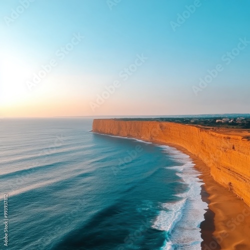 Golden cliffs meet the tranquil sea at sunset along the coastline of Portugal