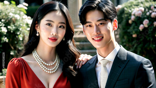 Front-facing couple portrait, woman elegant Korean beauty, 20-30, man on suit
