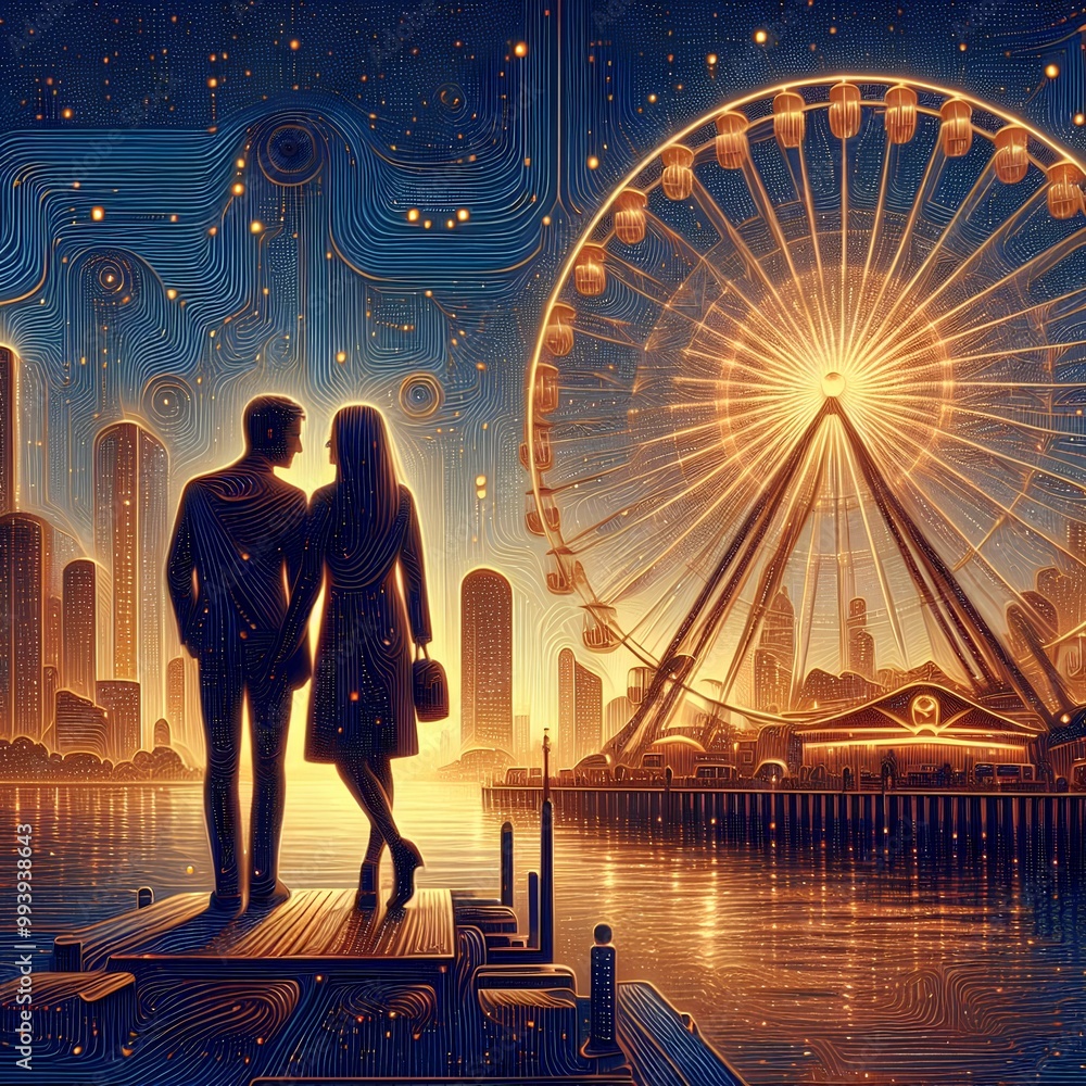 Φωτογραφία generative ai illustration of couple in love standing in front of ferris wheel