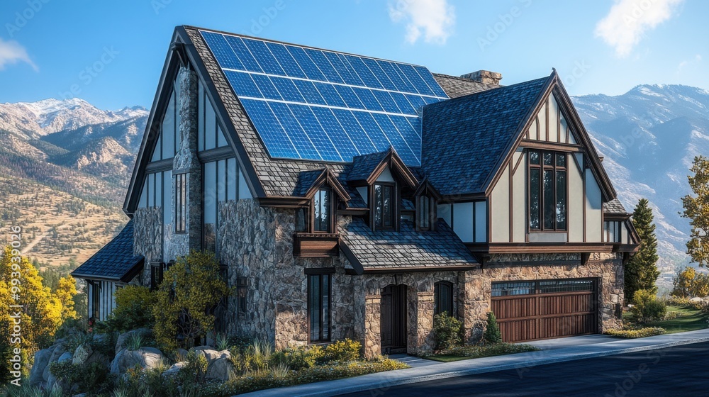 Modern tudor-style house with solar panels in mountainous area under clear sky Modern tudor-style house with solar panels in mountainous area under clear sky