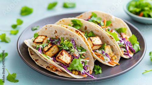 Glutenfree tacos with chickpea flour tortillas, filled with Asianinspired slaw and grilled tofu, food fusion, dietconscious concept photo