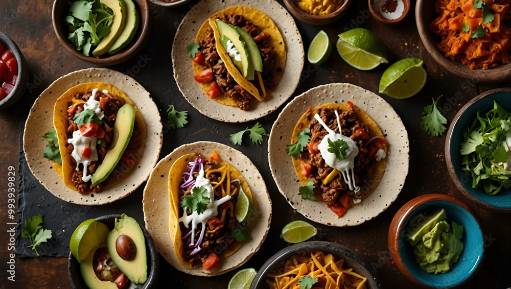 Vibrant Mexican taco feast showcasing diverse toppings. Vibrant Mexican taco feast showcasing diverse toppings.