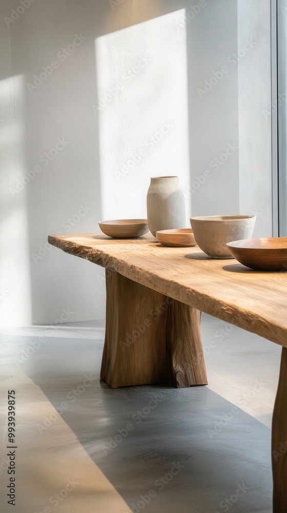 Wooden dining table adorned with ceramic bowls and a vase in a sunlit modern interior Wooden dining table adorned with ceramic bowls and a vase in a sunlit modern interior