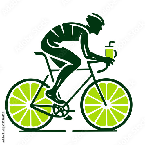 A green and white silhouette of a cyclist, the bicycle has mugs of lime instead of wheels, vector, minimalist art style, health, sport, transparent background 