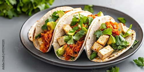 Grilled tofu tacos with kimchi and avocado, a fusion of Asian and Mexican flavors, food fusion, dietfriendly concept photo