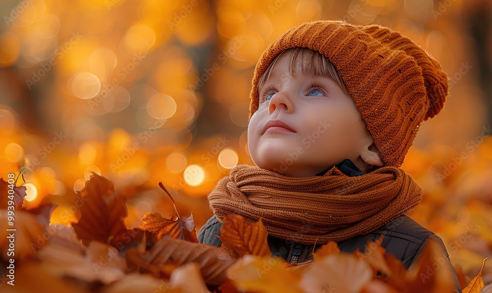 Adorable child in an orange outfit, surrounded by autumn leaves. Free copy space for banner. Adorable child in an orange outfit, surrounded by autumn leaves. Free copy space for banner.