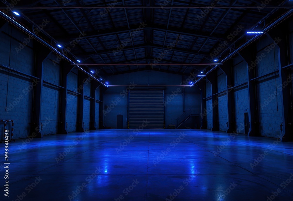 Blue-Lit Warehouse Interior with Metal Beams and Roller Door Blue-Lit Warehouse Interior with Metal Beams and Roller Door