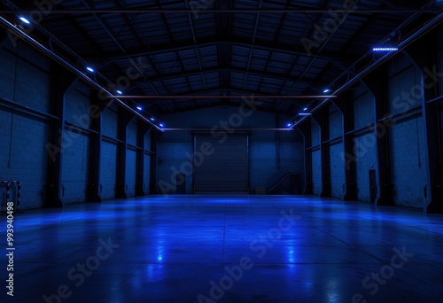 Blue-Lit Warehouse Interior with Metal Beams and Roller Door