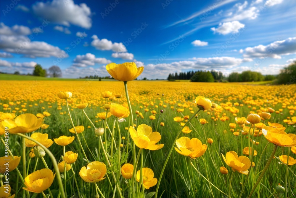 Fototapeta premium Vibrant yellow flower field under bright blue sky