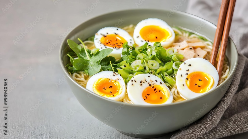 Lowcarb ramen with a broth infused with miso and coconut milk, topped with softboiled eggs and greens, diet fusion, modern healthy dish Lowcarb ramen with a broth infused with miso and coconut milk, topped with softboiled eggs and greens, diet fusion, modern healthy dish