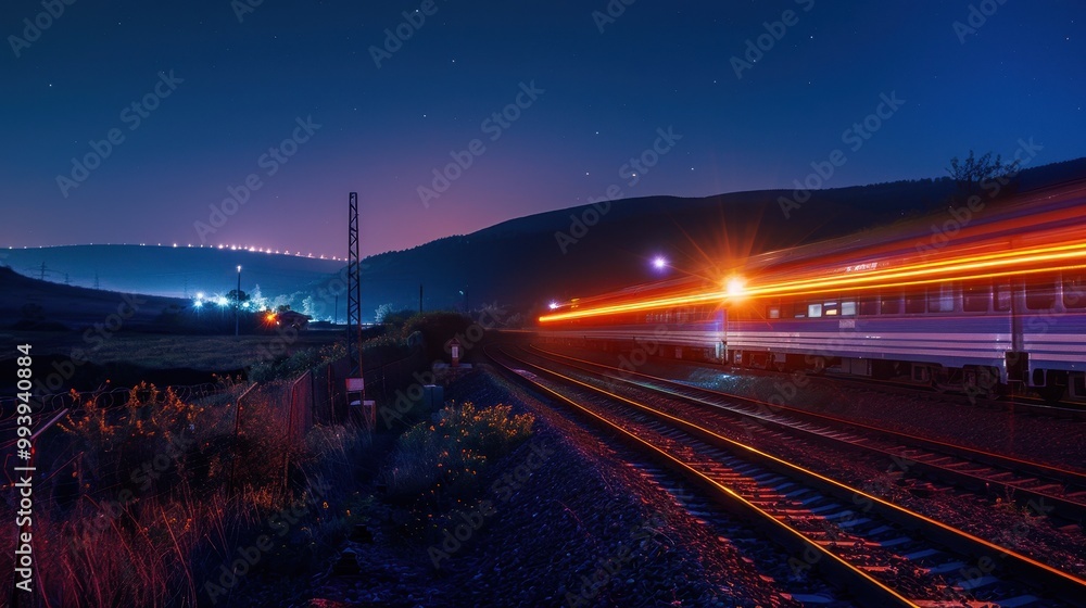 Fototapeta premium Illuminated Train Passing by Archaeological Site at Night in 8K UHD with Light Trail Effect