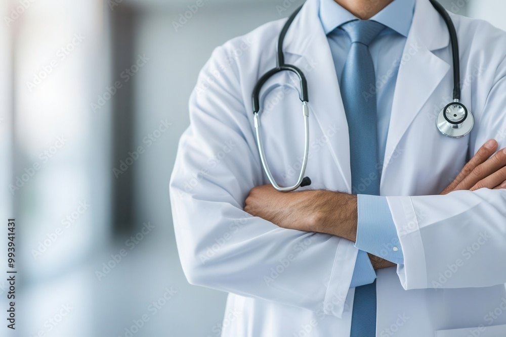 Doctor in white coat with crossed arms, confident demeanor, blurred hospital background. Doctor in white coat with crossed arms, confident demeanor, blurred hospital background.