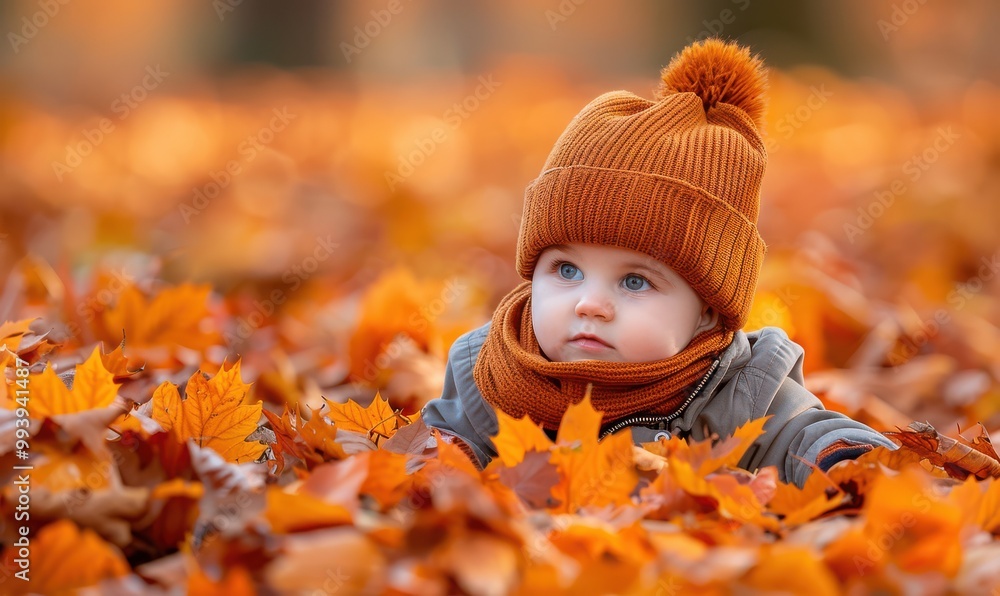 Adorable child in an orange outfit, surrounded by autumn leaves. Free copy space for banner. Adorable child in an orange outfit, surrounded by autumn leaves. Free copy space for banner.