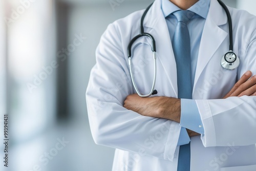 Doctor in white coat with crossed arms, confident demeanor, blurred hospital background.