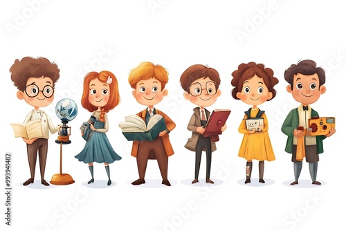 Cute Cartoon Children Holding Books and School Supplies.