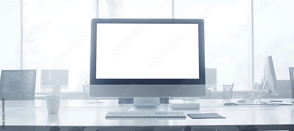 Fototapeta premium Sleek Modern Office with an LED Computer Screen Mockup Displaying a Transparent PNG Image for a Professional and Futuristic Look