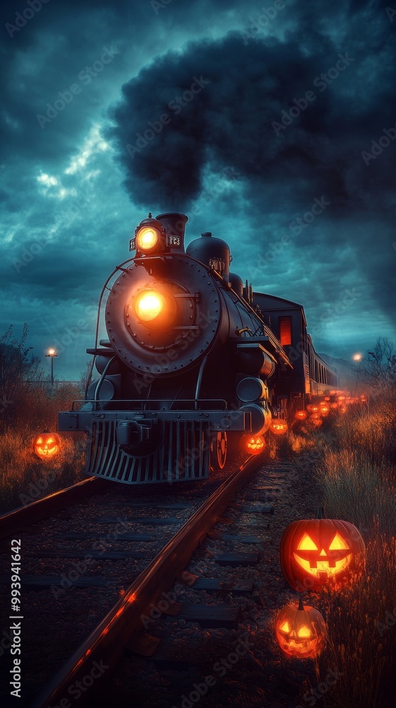 Haunted Halloween-themed ghost train ride through an American desert eerie lights flickering in the distance Haunted Halloween-themed ghost train ride through an American desert eerie lights flickering in the distance