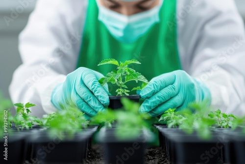 Person nurturing small plants in a greenhouse environment. photo