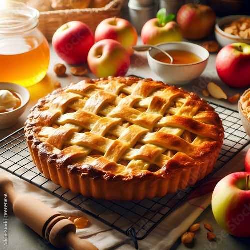 Freshly baked apple pie cooling on a rack in a home kitchen, surrounded by fresh apples, creating a warm and inviting atmosphere.