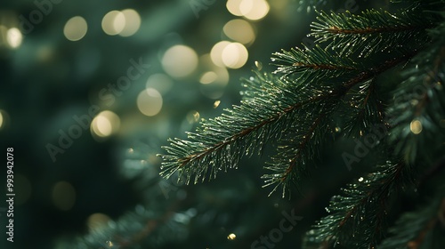 A close-up shot of the green pine tree branches, showcasing their intricate details and textures