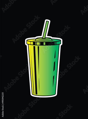 Fast food plastic cup with straw. Hot or cold drink. Original vector illustration in vintage style.