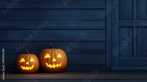 Two glowing Halloween pumpkins on a wooden porch, spooky autumn atmosphere. photo