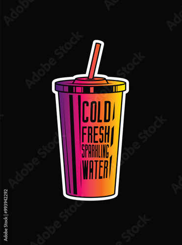 Fast food plastic cup with straw. Hot or cold drink. Original vector illustration in vintage style.